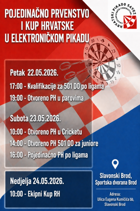 31. Pojedinačno Prvenstvo i ekipni kup Hrvatske u elektroničkom pikadu, 22.-24.05.2026. Slavonski Brod